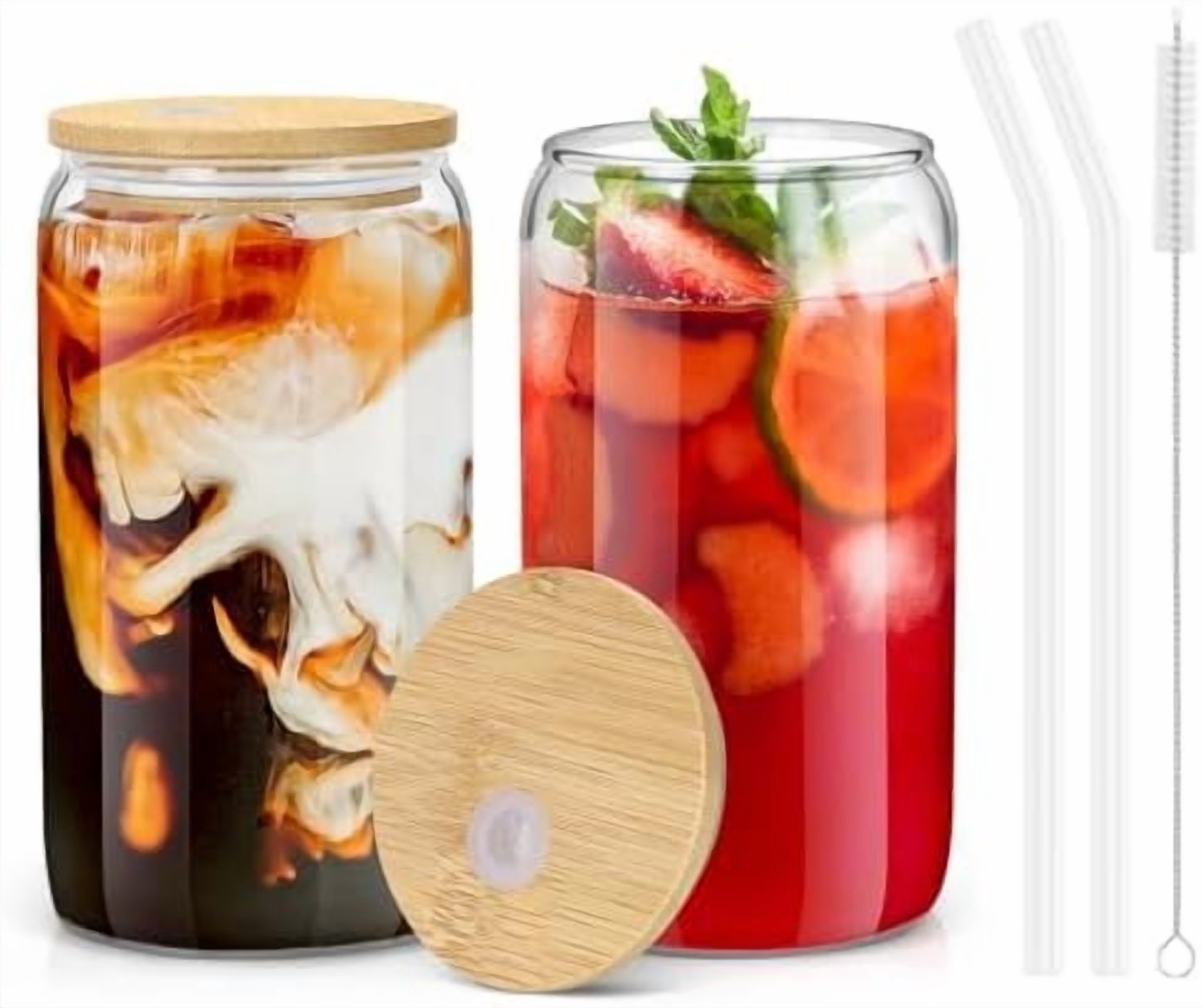 2PCS Glass Cups with Bamboo Lids and Straws, 16OZ Ice Coffee Cup ...