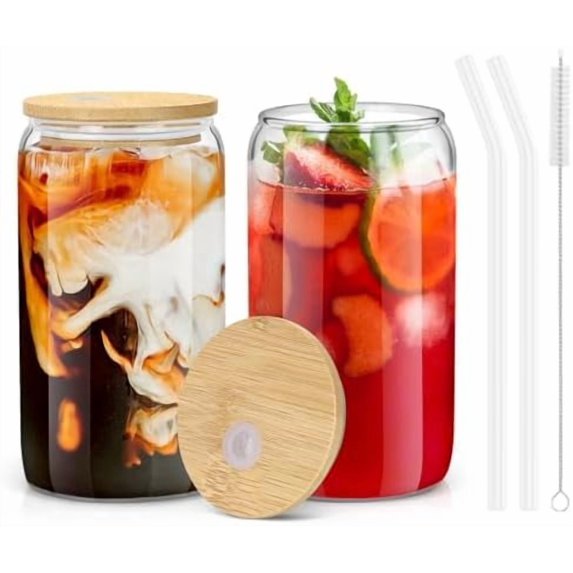 2PCS Glass Cups with Bamboo Lids and Straws, 16OZ Ice Coffee Cup ...