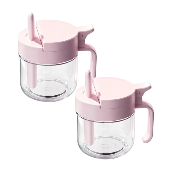 2PCS Glass Spice Jars with Spoon, Spice Containers- Salt Sugar Container, Small Condiment Containers with Lids for Kitchen Countertop Storage,4.7X4.5 Inch(Pink)