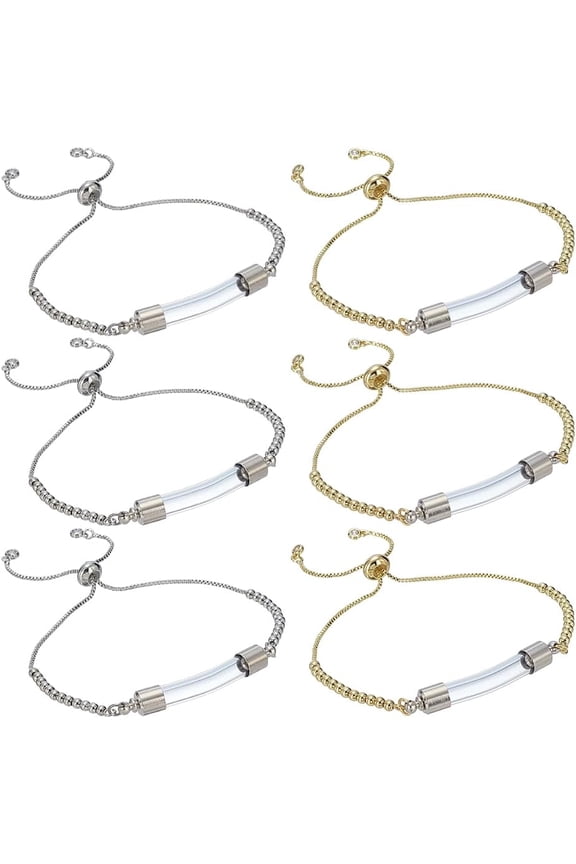 2PCS Glass Vial Pendant Bracelet 5-1/8 inch Brass Box Chain Slider Bracelet with Glass Bottle Pendant Openable Container Name on Rice Bracelets for DIY Jewelry Making Platinum Golden Clear