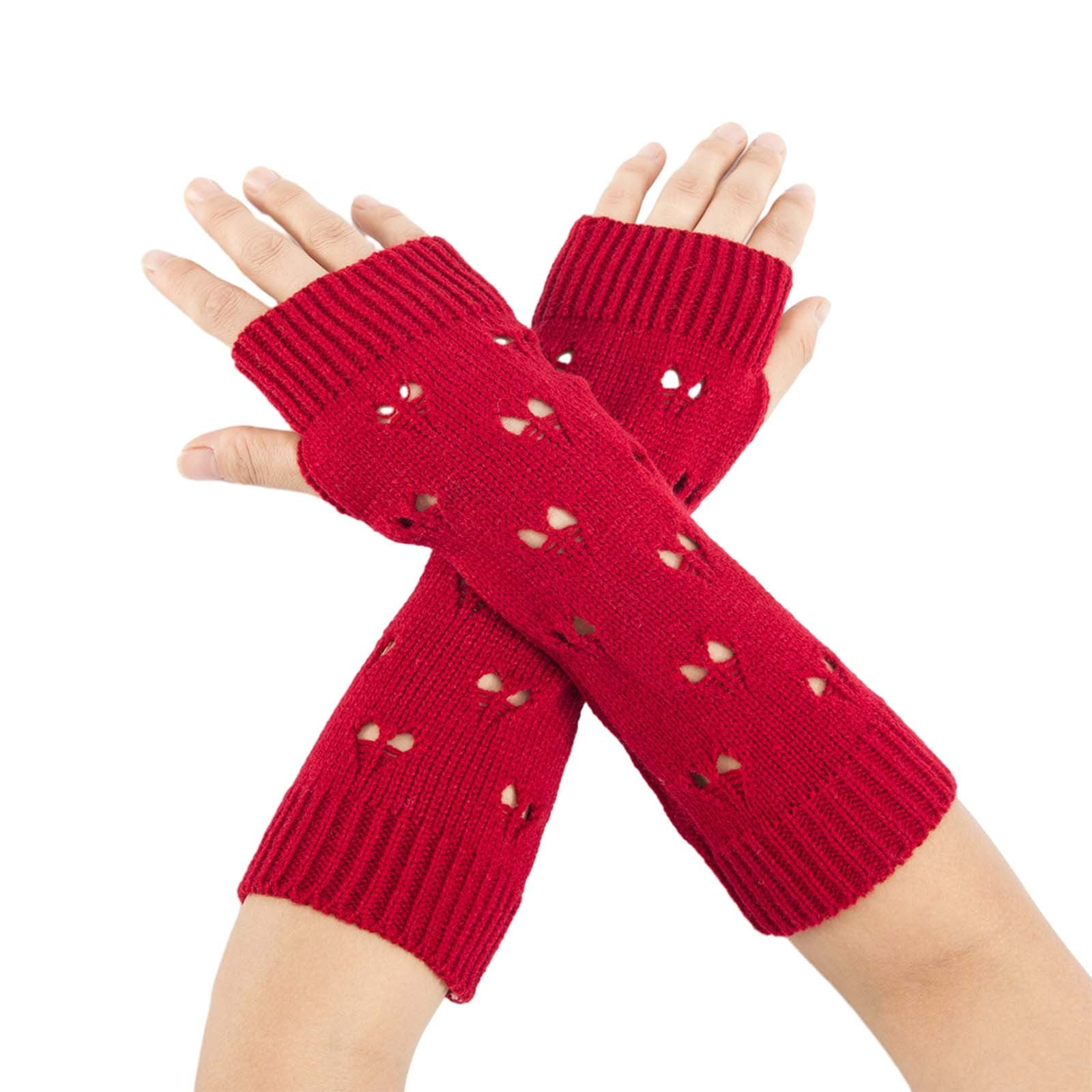 2PCS Gloves Red Acrylic Winter Warm And Fashionable Solid Color Knitted