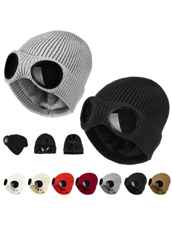 2PCS Goggle Knit Beanie with Goggles Unisex Goggle Knitted Beanie Hat Windproof Warm Winter Skull Cap