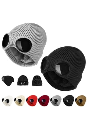 2PCS Goggle Knit Beanie with Goggles Unisex Goggle Knitted Beanie Hat Windproof Warm Winter Skull Cap