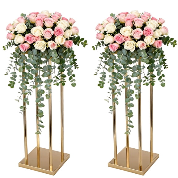 2PCS Gold Iron Square Frame Flower Stands, 31.5" Tall Geometric Metal Floor Vase Stand Columns for Wedding Centerpieces, Aisle Decor, Party Events, Home Decoration