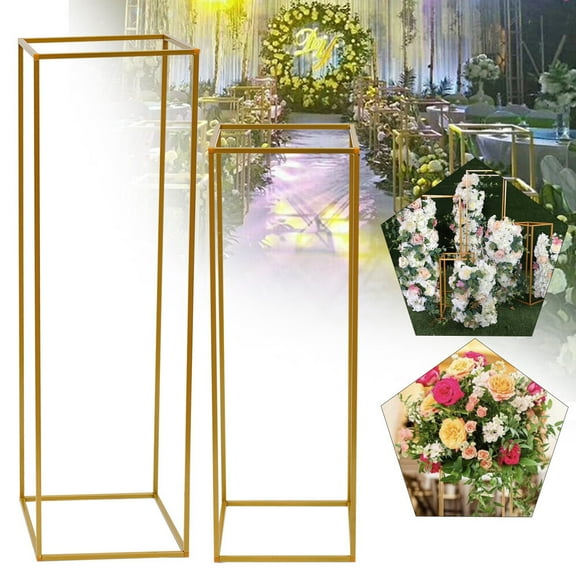 2PCS Gold Metal Plant Stand - Geometric Column Floor Vase Rack for Wedding Flower Decor