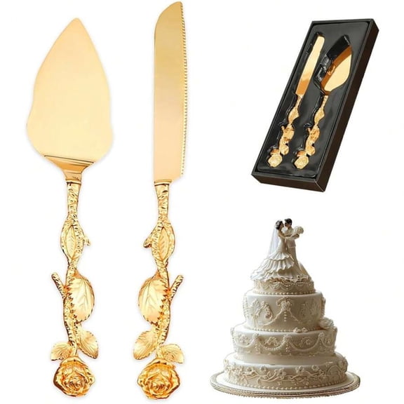 2PCS Gold Personalized Cake Cutting Set - Engraved F-Rose Knife & Server, Custom Pastry/Pie/Pizza Cutter for Wedding, Birthday & Bridal Gift