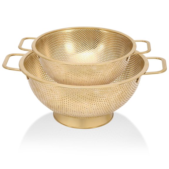 2PCS Gold Strainer for Kitchen, 3QT and 5QT, Stainless Steel Colander with Handle for Fruits Vegetables Cooking Food, Dishwasher Safe Y101