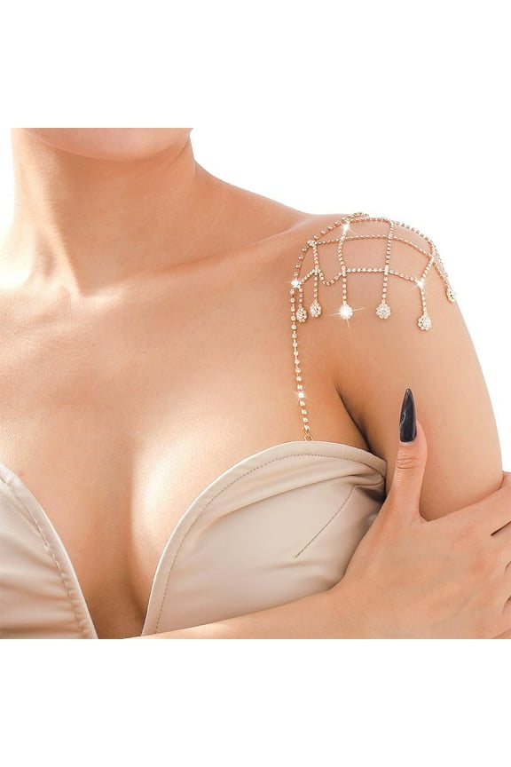 2PCS Golden Rhinestone Shoulder Bra Body Chain - Triangle Tassels Wedding Arm Chain for Summer Beach Bikini Bride Decor