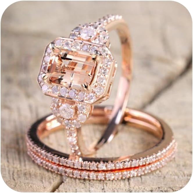 2PCS Gorgeous 18K Rose Gold Plated Morganite Ring Engagement Bridal ...