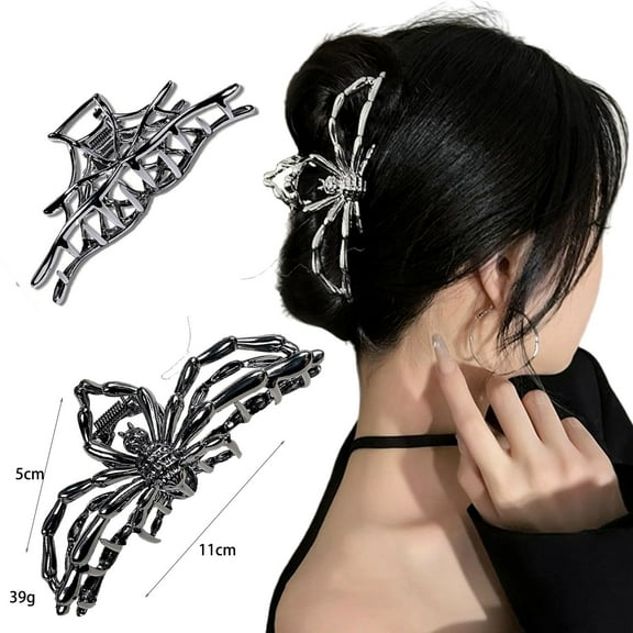 2PCS Gothic Accessories Black Spider Web Skeleton Hand Skull Cute Large Hair Claw Clips for Women Goth Accessories Cute Hair Clips Skeleton Hair Clip, Halloween Decoration