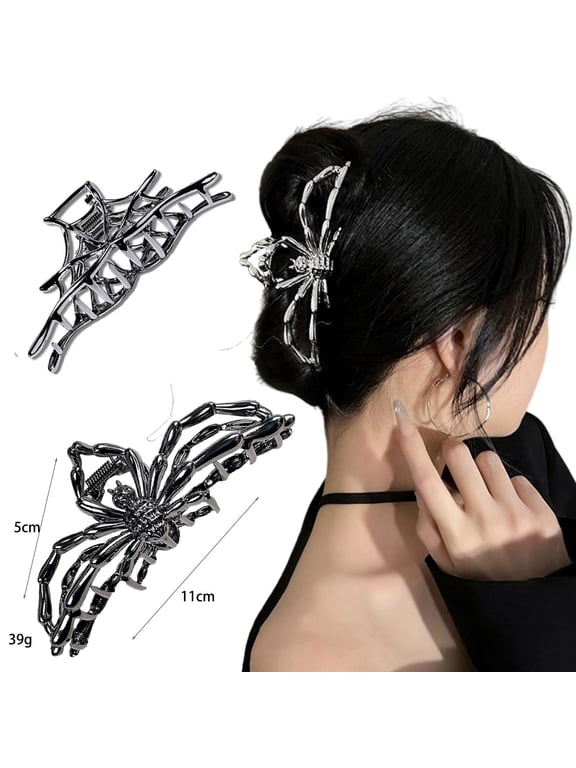2PCS Gothic Accessories Black Spider Web Skeleton Hand Skull Cute Large Hair Claw Clips for Women Goth Accessories Cute Hair Clips Skeleton Hair Clip, Halloween Decoration