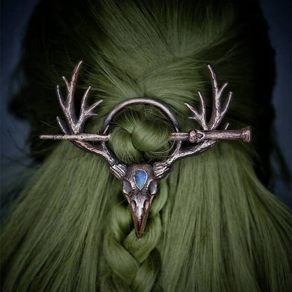 2PCS Gothic Retro Crow Skull Moonstone Antlers Women's Hairpin Nordic Viking Hair Accessories