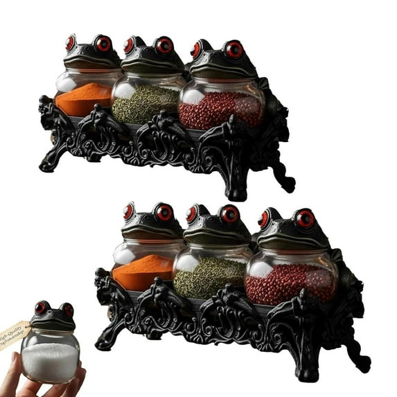 2PCS Gothic Witch Frog Apothecary Spice Jar Set - Iron Base Glass Storage Jars, Kitchen Decor for Spices, Herbs, Durable Glass & Iron Material, Adds Gothic Ambiance to Kitchen Space, Black