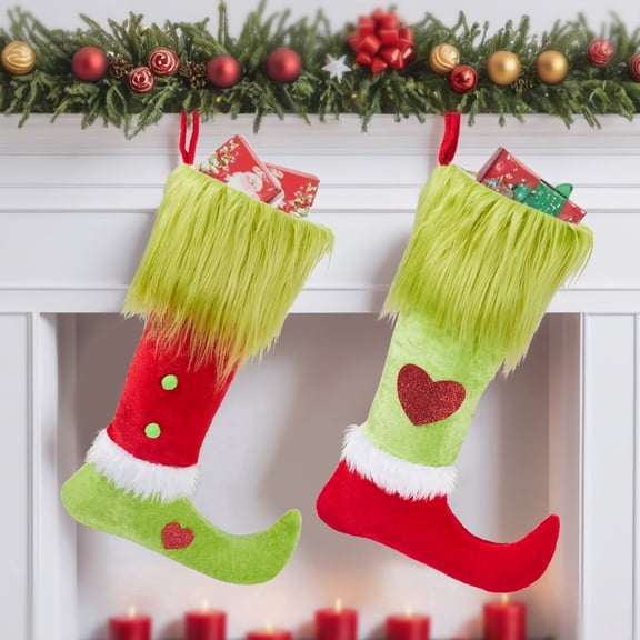 2-Piece Christmas Elf Stockings Set, Red and Green Plush Holiday Stockings with Furry Cuffs for Fireplace Mantel, Christmas Tree and Home Decor