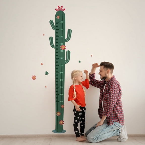 2PCS Green Plant Cactus Height Chart Stickers Kids Room Wall Decor Removable Measurement Wall Decals for Kids Bedroom Nursery Baby Room Classroom