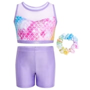 2PCS Gymnastics Leotards for Girls, Hollow Back Design Sparkly Dance Biketards with Shorts Ballet Tumbling Outfit for Girl 5-10 Years