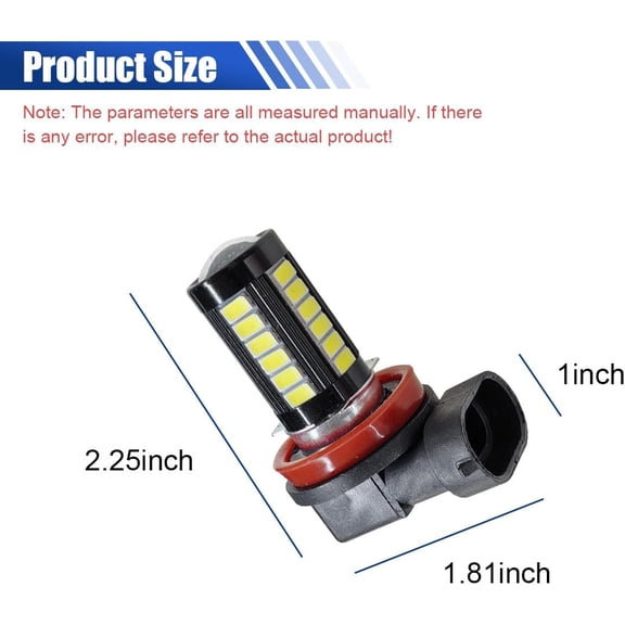 2PCS H11 Car LED Fog Light Bulbs, 12V 5630 33-SMD Anti-Fog Lights, 1500 Lumen 6500K White Power LED Bulbs, Universal Plug and Play DRL Bulb Replacement for Cars, Trucks, SUVs(H11)