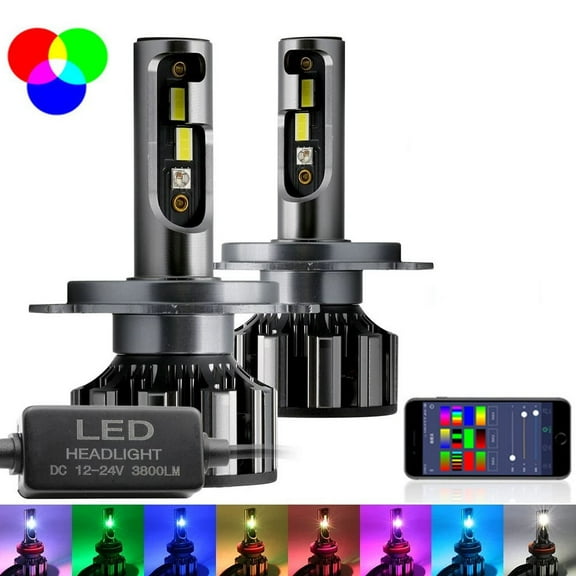 2PCS H4 9003 LED RGB White+ Multicolor Headlight High Low Beam Bulbs Phone APP Control