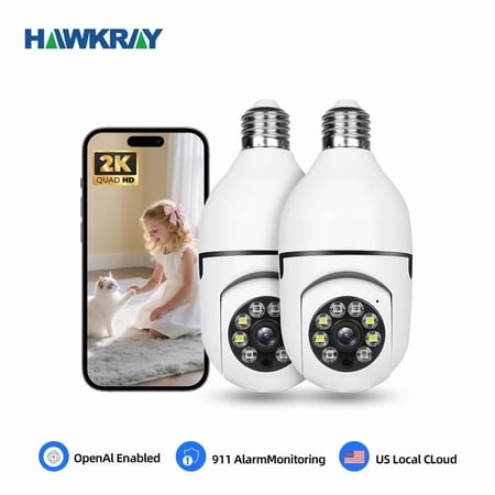 Hawkray Tech Wireless 2K Security Bulb Camera with 2 USB Charging Cables, 2 Bulb Bases, White, (2 Pack)