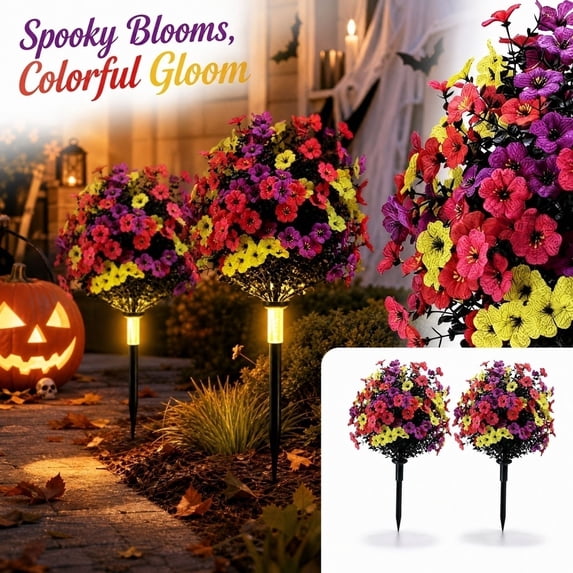 2PCS Halloween Artificial Flower Ball Ground Stakes Multi-Color Mixed Faux Floral Plant Yard Stakes Spooky Outdoor Lawn Garden Pathway Decor