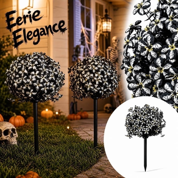 2PCS Halloween Artificial Flower Ball Ground Stakes Multi-Color Mixed Faux Floral Plant Yard Stakes Spooky Outdoor Lawn Garden Pathway Decor
