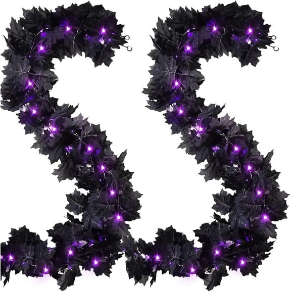 2PCS Halloween Black Garland with String Light, Total 11 Ft 60 Led Fall Lights Maple Leaves, Battery Operated Purple Light for Indoor Outdoor Halloween Thanksgiving Autumn Front Door Home Party Decor