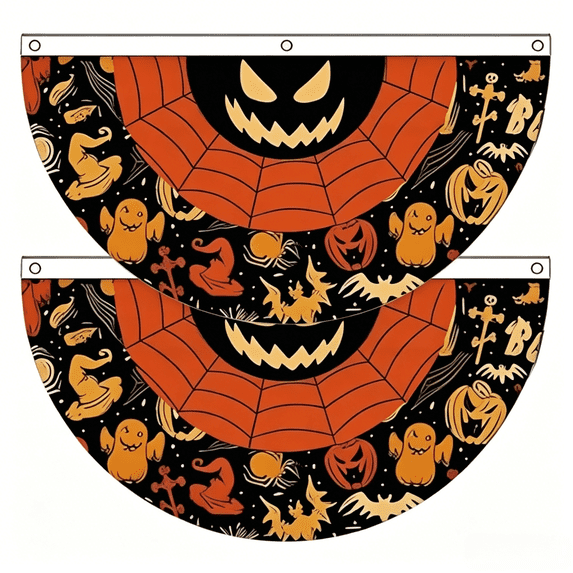 2PCS Halloween Buntings for Outside - 3×1.5 Ft Halloween Bunting Fan Flag Happy Halloween Bunting Flag Ghost Pumpkin Half Fan Banner Decoration for Holiday Indoor Outdoor Yard Decoration