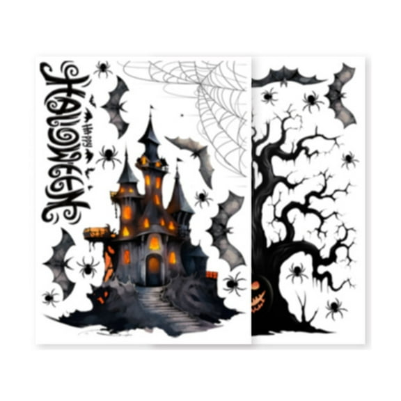 2PCS Halloween Glass Window Stickers, Castle Bats Pumpkin Spider Grave Witch Ghost Skull Decals Clings Large Double-Sided Scary Removable Indoor Clearance Decorations for Home Party
