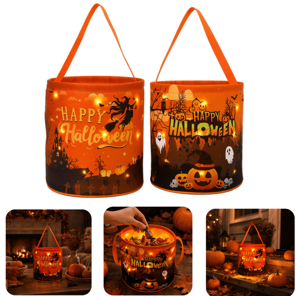 2PCS Halloween Led Light Trick Or Treat Bag Pumpkin Candy Tote Bag Multipurpose Reusable Portable Collapsible Light up Candy Bags for Party