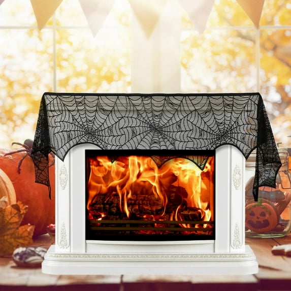 2PCS Halloween Mantle Scarf, 96"x18" Black Lace with Spider Web Design, Soft Anti-Crease Fabric Halloween Decoration for Fireplace, Haunted House, Party Decor