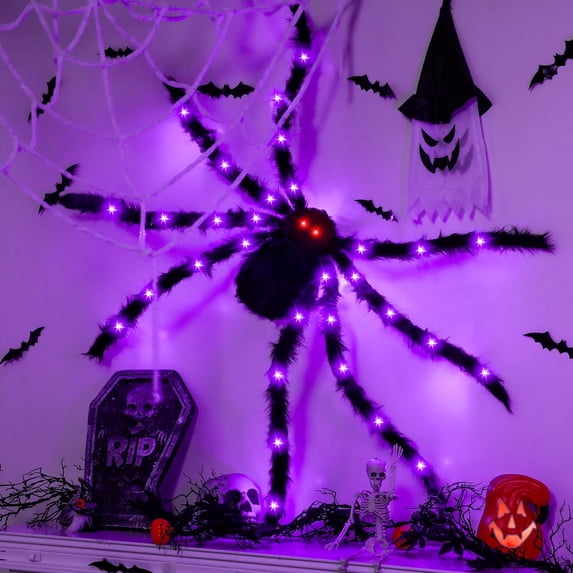 Giant Spider Halloween Outdoor Decorations - Large Hairy Fake Spider 59IN, Bendable Metal Legs, 8 Light Modes - Indoor/Outdoor Yard, Porch & Haunted House Decor