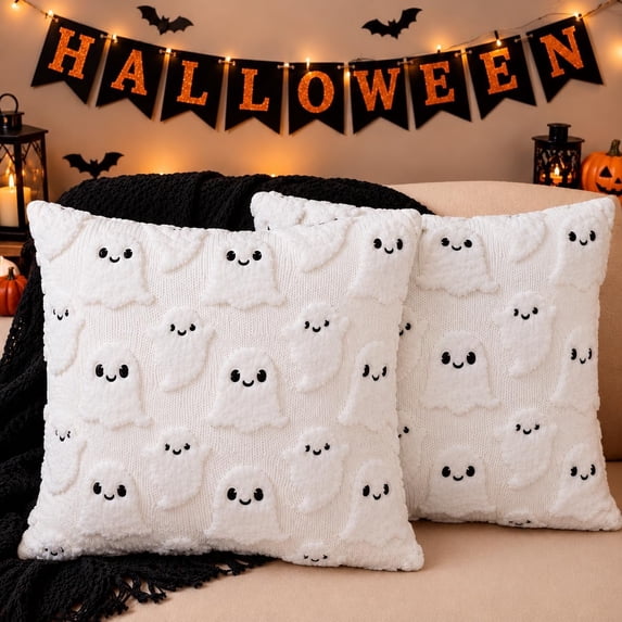 2PCS Halloween Pillow Covers 18x18 inch,Cute White Ghost Decorative Soft Plush Faux Fur Wool Couch Cushions, Home Decor for Sofa, Bedroom, Living Room