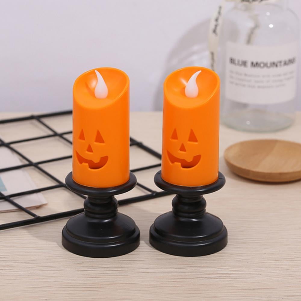 2PCS Halloween Pumpkin Candle Light, Halloween Orange Flameless Candle