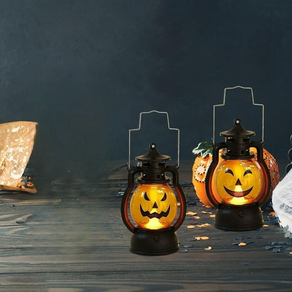 2PCS Halloween Pumpkin Lantern with Flickering LED, Portable Jack-O-Lantern for Halloween, Vintage Halloween Lamp Handheld Lantern Oil Lamp for Halloween Decorations Indoor & Outdoor
