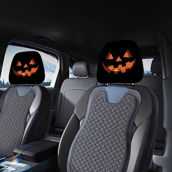 2PCS Halloween Scary Pumpkin Car Headrest Covers, Spooky Evil Pumpkin Face Printed Auto Seat Headrest Protector, Universal Fit Car Interior Decor Accessories for Halloween