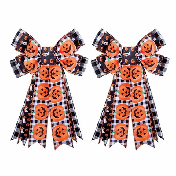 2PCS Halloween Wreath Bow Black with White Buffalo Plaid Bow Rustic Bowknot Ornaments Pumpkin Ghost Bat Patterns Bows Large Burlap Bow Holiday Decorative Bows for Halloween Party Home Decoration