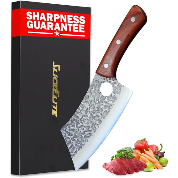 2PCS Hand-Forged Chef Knife Set: Serbian & Cleaver Knives for Meat & Veg Cutting | Pro Kitchen Knife w/Gift Box for BBQ Cooking