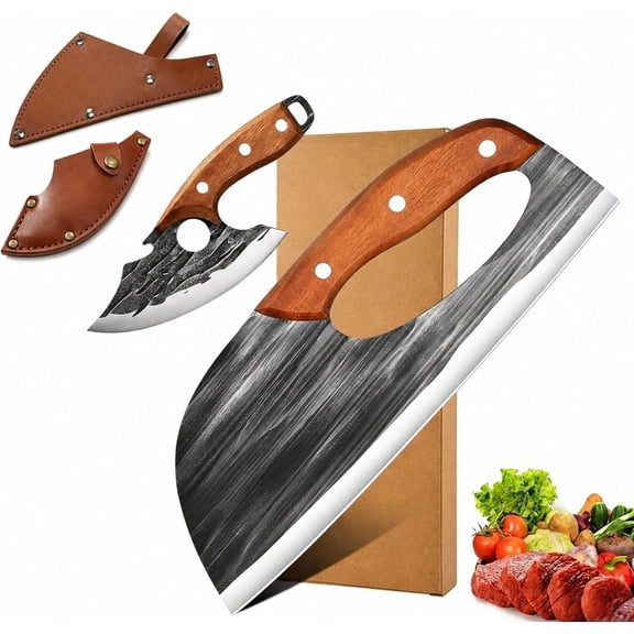 2PCS Hand Forged Kitchen Knife Set, Effort-Saving Meat Cleaver for Cutting Meat & Vegetables, Multipurpose Sharp Chef Knives with Sheath for Outdoor Cooking, Camping, BBQ Gift
