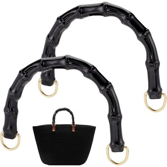2PCS Handbag Handles Plastic Imitation Bamboo Purse Handles U-Shape Bag Handle Replacement Purse Strap with Alloy D-Ring Clasp for Bag Making Shoulder Bag Crochet Bag Black