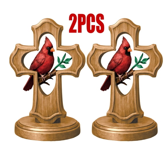 2PCS Handcrafted Cardinal Cross Ornament, Red Birds Decoration Easter Ornaments, Wooden Memorial Gift with Crimson Cardinal ranch Design for Bereavement Sympathy for Home, Office, or Church Decor