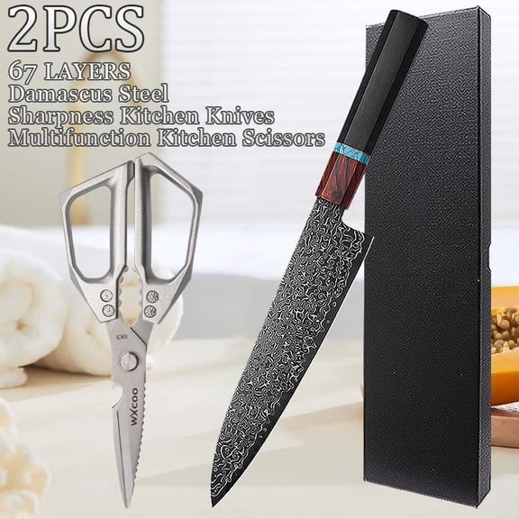 2PCS Handmade Damascus Steel Chef Knife Professional Kitchen Knives Multipurpose Kitchen Scissors for Kitchen Convenience Unique Knives Utility Knife Beef Knife Sashimi Knife Cooking Gifts for Men