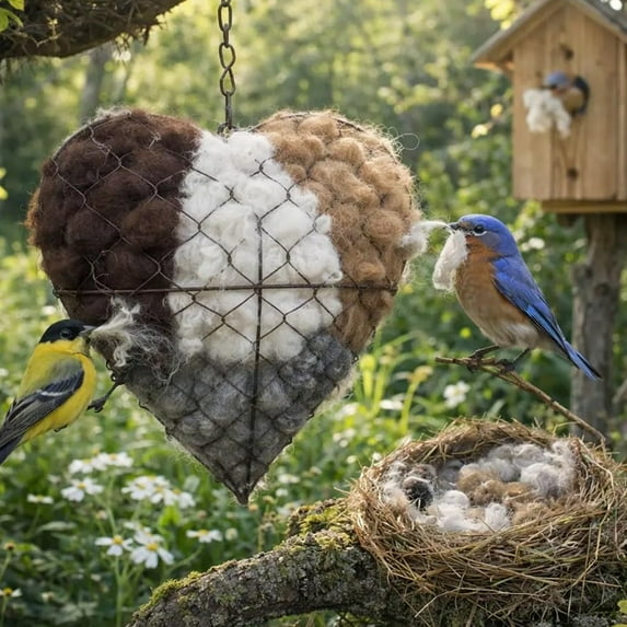 2PCS Handmade Fiber Bird Nesting Heart, Refillable Hummingbird Nesting Materials for Winter Fowl, Cozy Garden Habitat for Hummingbird & Bird Lovers, Nests
