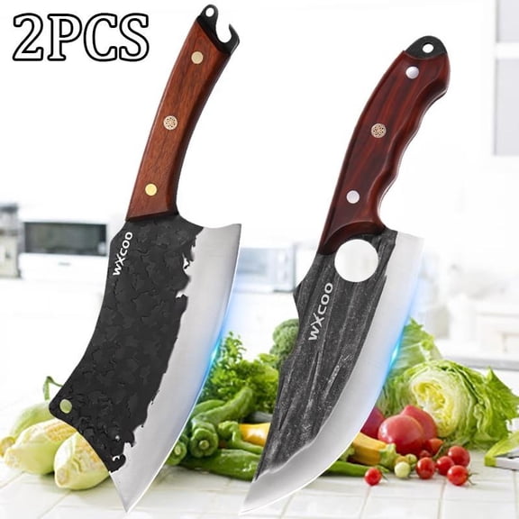 2PCS Handmade Utility Knife Stainless Steel Vegetable Chopper Multipurpose Chef Knife Sharp Durable Forged Kitchen Cutting Knife Fruit Fish Meat Cleaver Boning Knife for Cooking