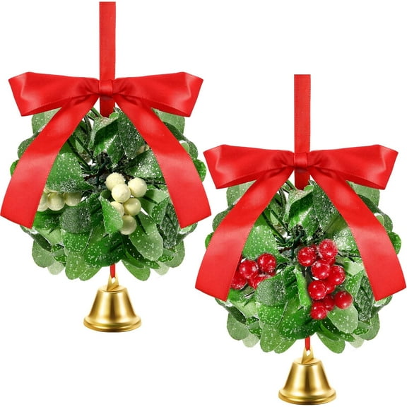 2PCS Hanging Mistletoe Ball Christmas Tree Ornament Mistletoe Decoration for Doorway Mistletoe Kissing Ball Artificial Mistletoe Decor with Bows Berries & Bells