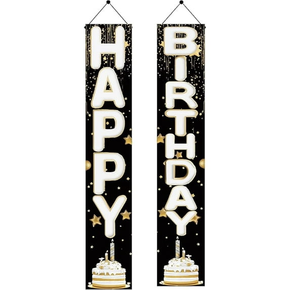 2PCS Happy Birthday Porch Sign Banner Black Gold Cake Theme Vertical Hanging Decoration for Front Door Outdoor Indoor Party Supplie Elegant Birthday Welcome Door Banner Backdrop 71 x 12 Inch