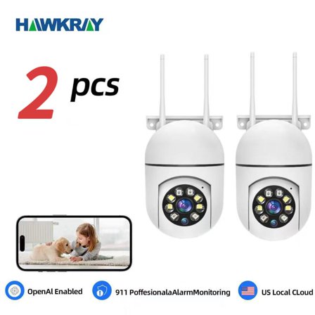 2PCS Hawkray AI Intelligent Surveillance Camera - 911 Alarm Easy Install Quick Setup Full Color Night Vision Two Way Audio Motion Detection Security System