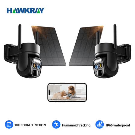 2PCS Hawkray solar security camera - wireless outdoor WiFi camera 2k360 black , 10x zoom, with human detection function, spotlight, SD card or cloud storage.