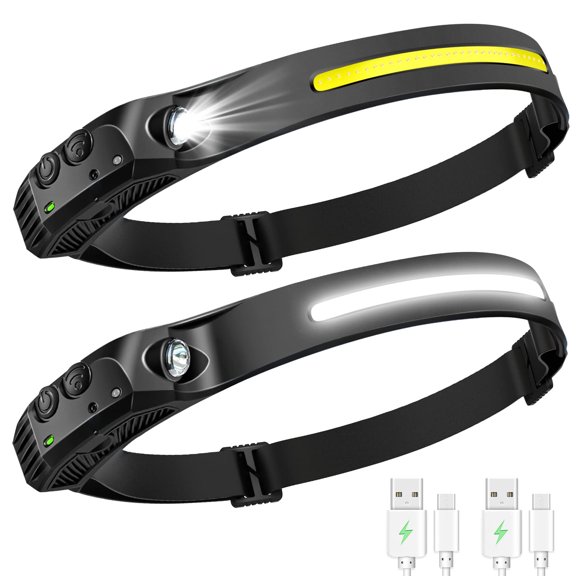 2PCS Headlamp Flashlight, Rechargeable LED Headlamps 2 COB 230Wide Beam Headlight with Motion Sensor Bright 5 Modes Lightweight Waterproof Head Lamp for Outdoor Running, Camping Hiking