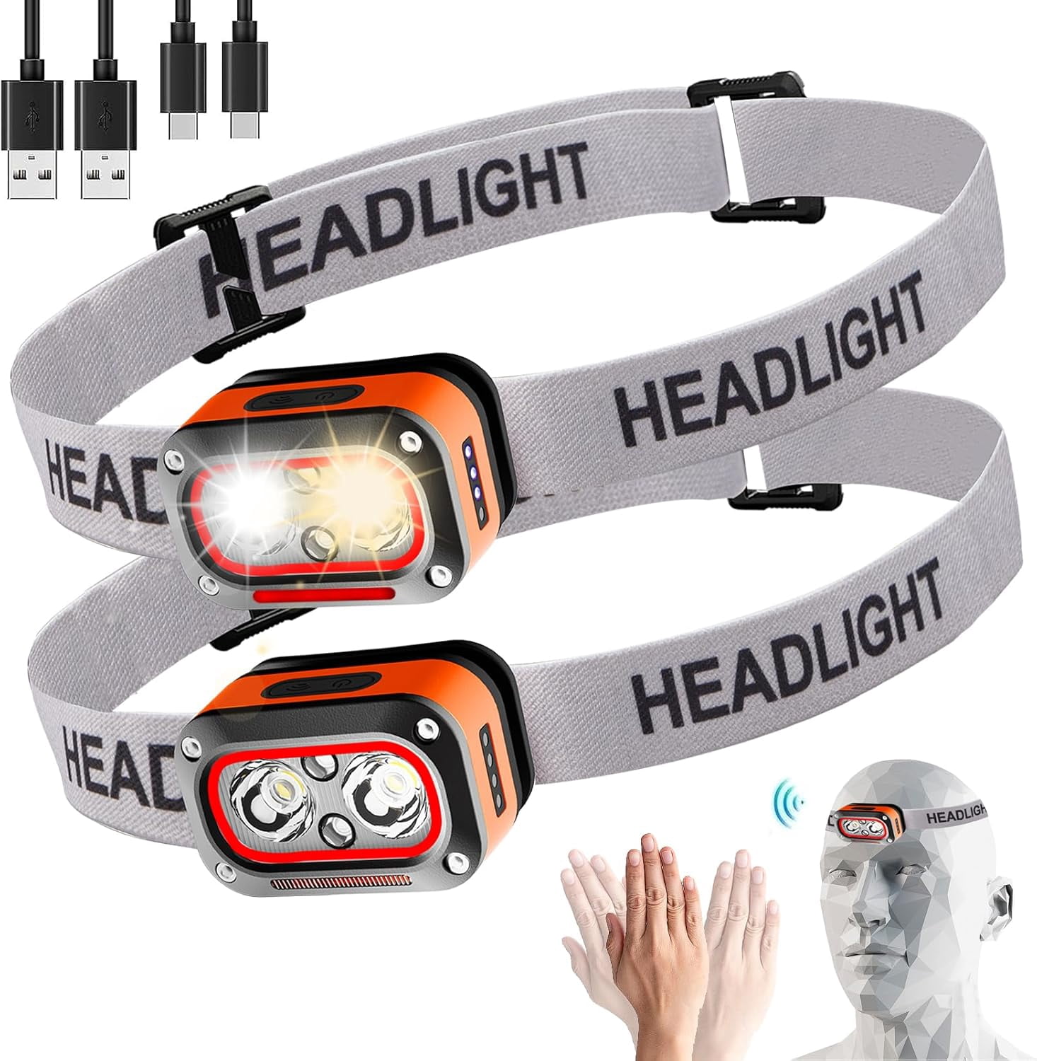 2PCS Headlights, 5 Modes of Waterproof Motion Sensor Headlights for Running, Fishing, Hiking, Camping