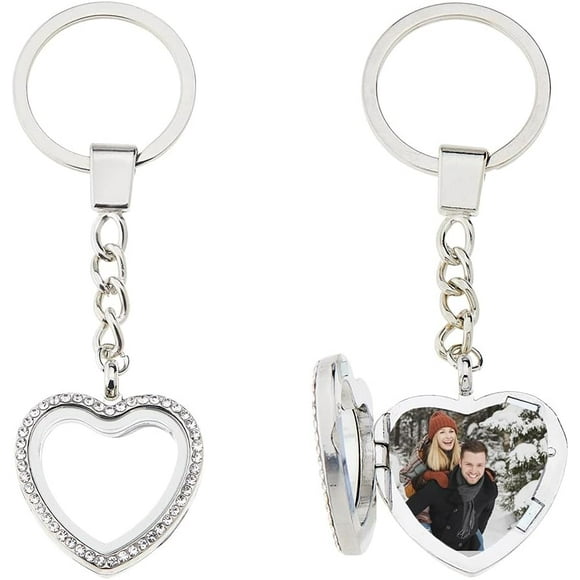 2PCS Heart Locket Keychains Photo Charm Keychains Rhinestone Glass Locket Keychain Photo Keyring Couple Key Chain Memory Locket Keychain DIY Key Cains Gift for Valentine 9.7cm